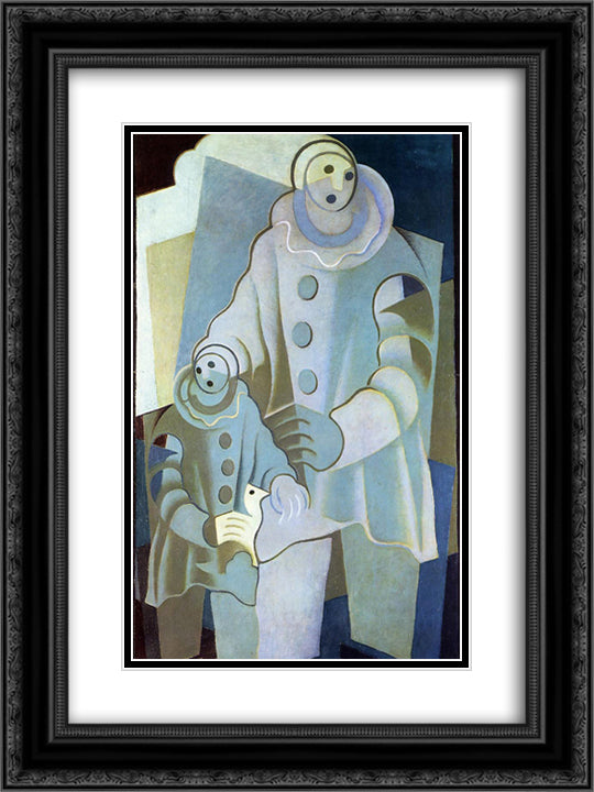 Two Pierrots 18x24 Black Ornate Wood Framed Art Print Poster with Double Matting by Gris, Juan