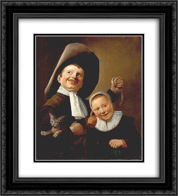 A Boy and a Girl with a Cat and an Eel 20x22 Black Ornate Wood Framed Art Print Poster with Double Matting by Leyster, Judith