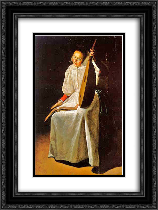 Girl with a Lute 18x24 Black Ornate Wood Framed Art Print Poster with Double Matting by Leyster, Judith