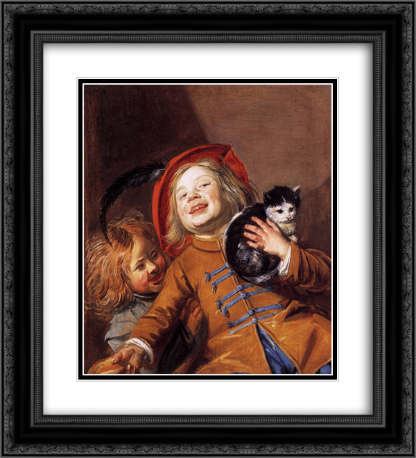Laughing Children with a Cat 20x22 Black Ornate Wood Framed Art Print Poster with Double Matting by Leyster, Judith