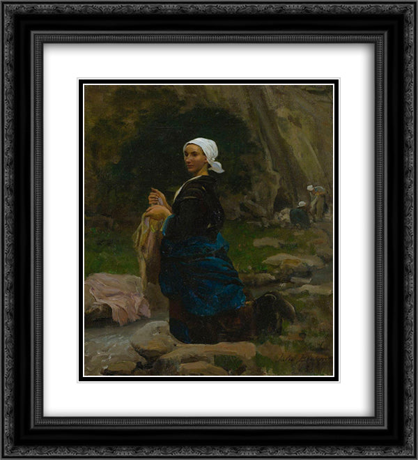 A Breton Laundress 20x22 Black Ornate Wood Framed Art Print Poster with Double Matting by Breton, Jules