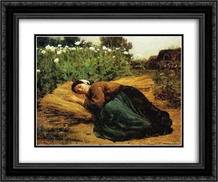 A Rest in the Fields 24x20 Black Ornate Wood Framed Art Print Poster with Double Matting by Breton, Jules