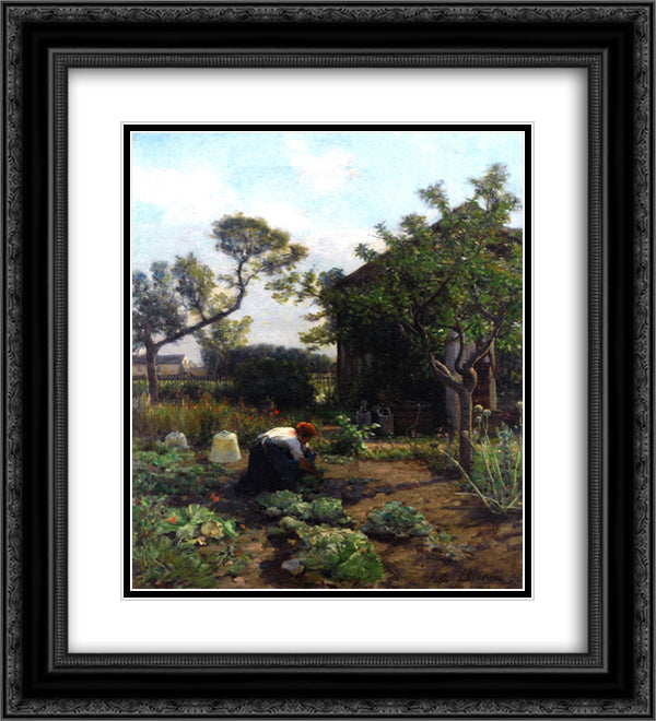 A Young Woman in the Artist's Garden, Courrieres 20x22 Black Ornate Wood Framed Art Print Poster with Double Matting by Breton, Jules