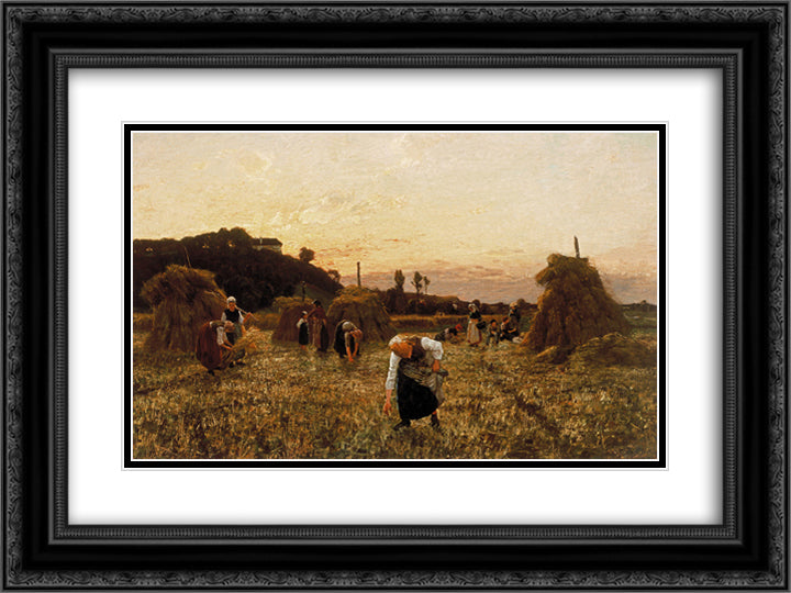 Gleaners at sunset 24x18 Black Ornate Wood Framed Art Print Poster with Double Matting by Breton, Jules