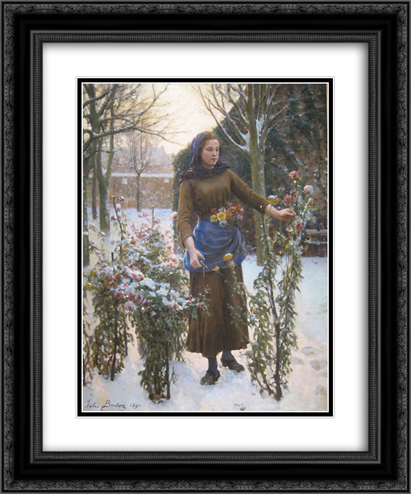 Last Flowers 20x24 Black Ornate Wood Framed Art Print Poster with Double Matting by Breton, Jules