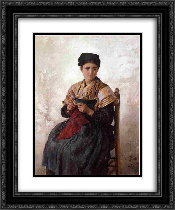 Young Woman Knitting 20x24 Black Ornate Wood Framed Art Print Poster with Double Matting by Breton, Jules
