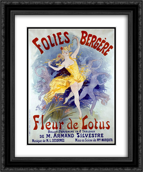 Folies Bergeres, Fleur de Lotus 20x24 Black Ornate Wood Framed Art Print Poster with Double Matting by Cheret, Jules