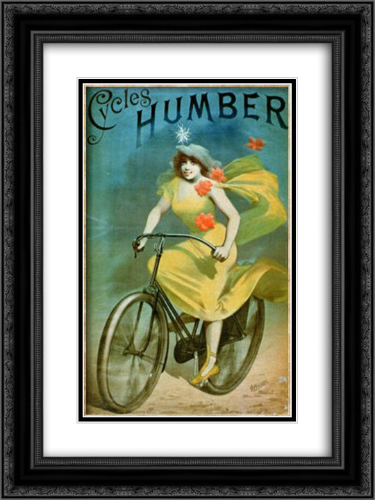 Humber Cycles 18x24 Black Ornate Wood Framed Art Print Poster with Double Matting by Cheret, Jules