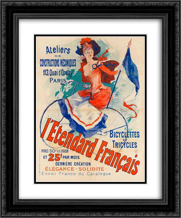 L'Etendard Francais (Quai d'Orsay Bicycle Shop) 20x24 Black Ornate Wood Framed Art Print Poster with Double Matting by Cheret, Jules