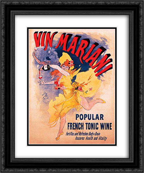 Vin Mariani 20x24 Black Ornate Wood Framed Art Print Poster with Double Matting by Cheret, Jules