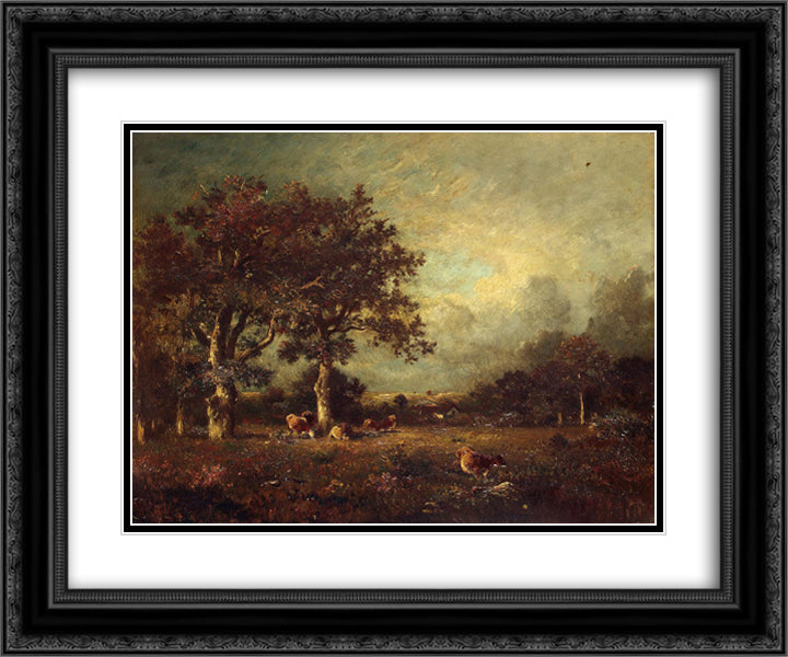 Landscape with Cows 24x20 Black Ornate Wood Framed Art Print Poster with Double Matting by Dupre, Jules