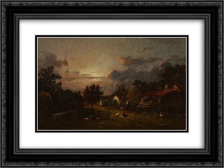 Village Scene, Sunset 24x18 Black Ornate Wood Framed Art Print Poster with Double Matting by Dupre, Jules