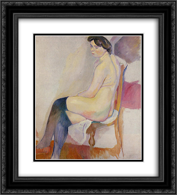 Seated Nude with Black Stockings 20x22 Black Ornate Wood Framed Art Print Poster with Double Matting by Pascin, Jules