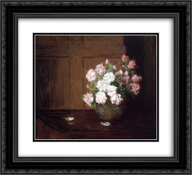 Roses in a Silver Bowl on a Mahogany Table 22x20 Black Ornate Wood Framed Art Print Poster with Double Matting by Weir, Julian Alden