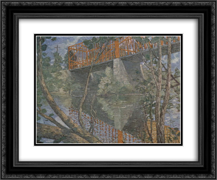 The red bridge 24x20 Black Ornate Wood Framed Art Print Poster with Double Matting by Weir, Julian Alden