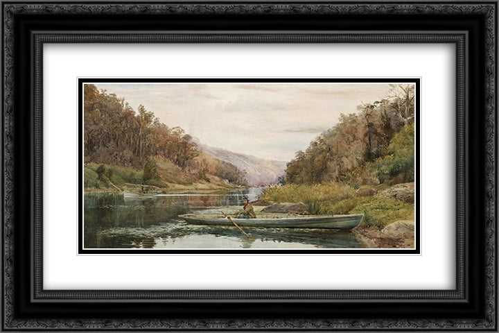Boatman on the Hawkesbury River, at Cole and Candle Creek, near Akuna Bay 24x16 Black Ornate Wood Framed Art Print Poster with Double Matting by Ashton, Julian