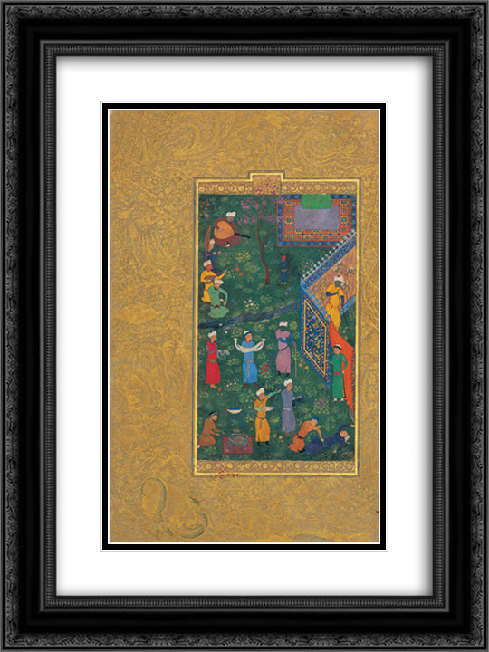 Sultan Hossein Mirza in Promenade (left part) 18x24 Black Ornate Wood Framed Art Print Poster with Double Matting by ud Din Behzad, Kamal