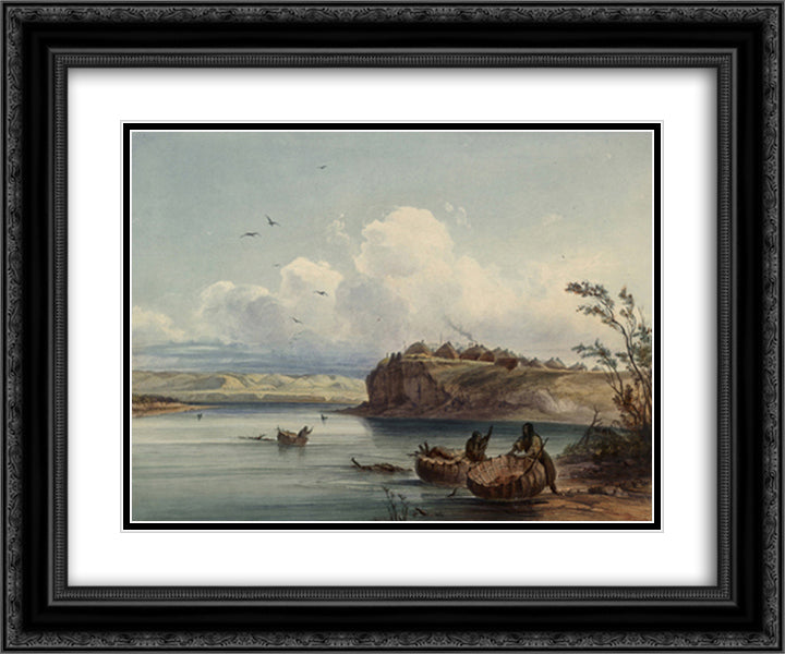 A Mandan village, plate 16 from Volume 1 of 'Travels in the Interior of North America' 24x20 Black Ornate Wood Framed Art Print Poster with Double Matting by Bodmer, Karl