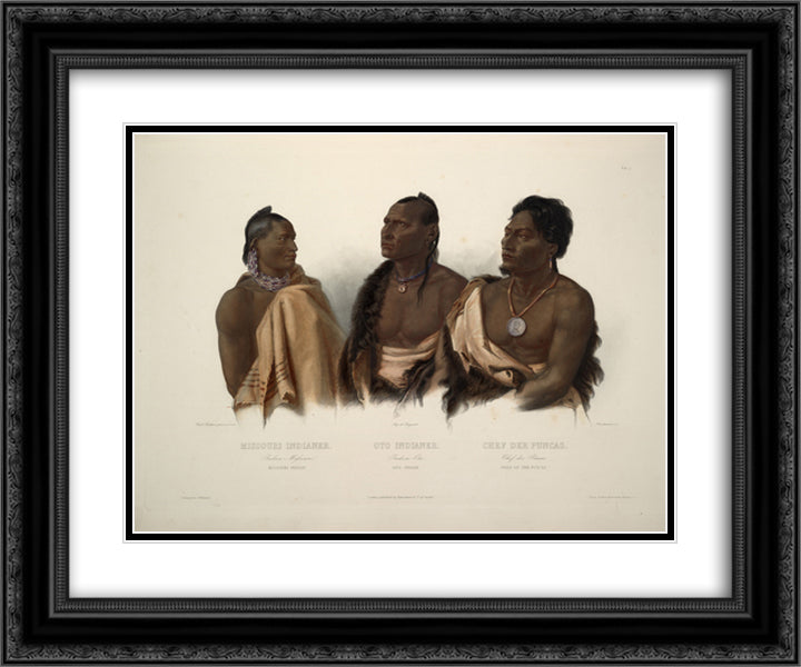 A Missouri Indian, an Oto Indian and the Chief of the Puncas, plate 7 from 'Travels in the Interior of North America' 24x20 Black Ornate Wood Framed Art Print Poster with Double Matting by Bodmer, Karl