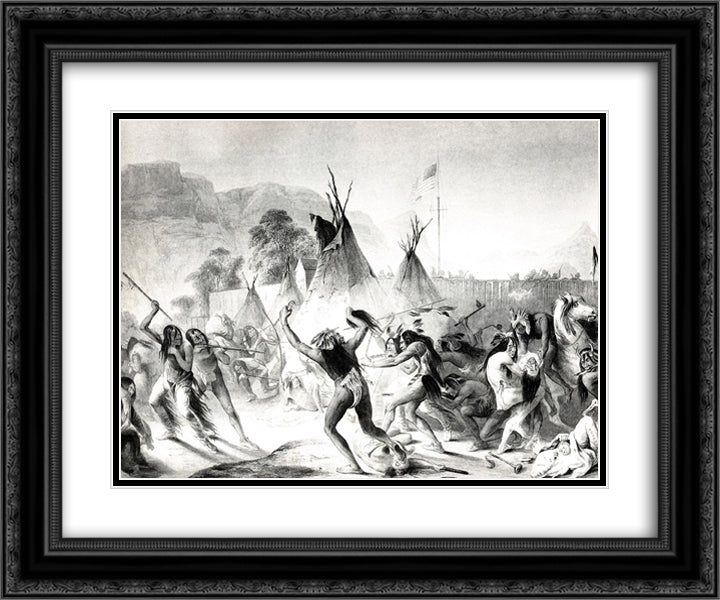 Assiniboin and Cree warriors attack Blackfeet 24x20 Black Ornate Wood Framed Art Print Poster with Double Matting by Bodmer, Karl