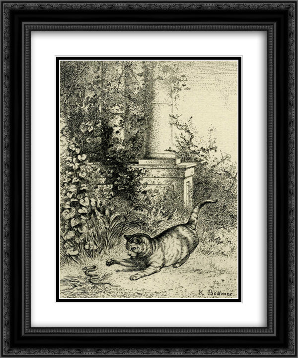 Cat playing with an adder 20x24 Black Ornate Wood Framed Art Print Poster with Double Matting by Bodmer, Karl