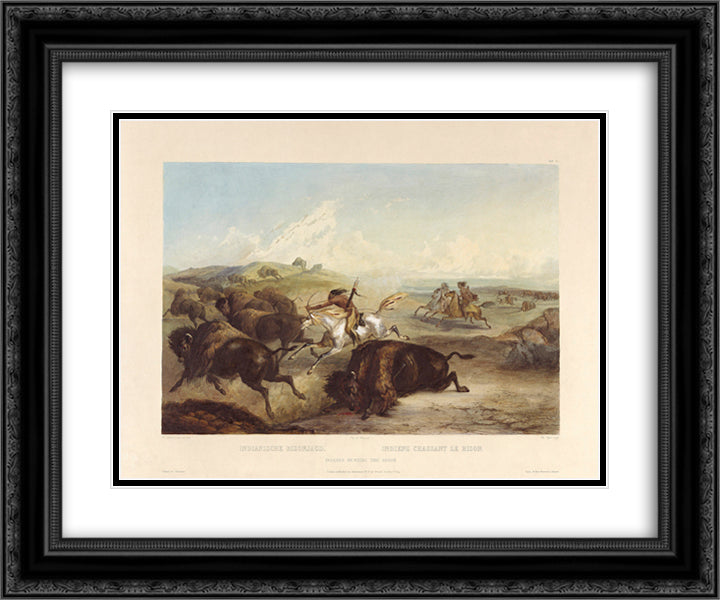 Indians hunting the bison, plate 31 from Volume 2 of 'Travels in the Interior of North America' 24x20 Black Ornate Wood Framed Art Print Poster with Double Matting by Bodmer, Karl