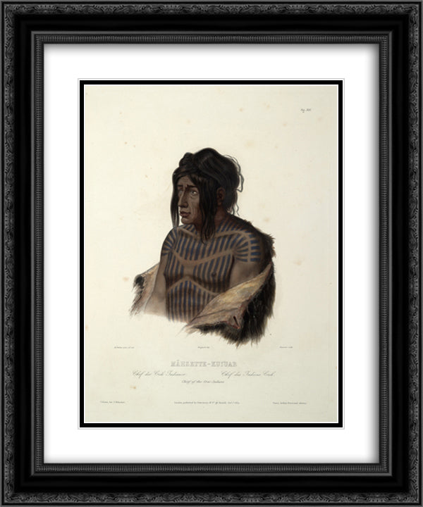 Mahsette-Kuiuab, Chief of the Cree Indians, plate 22 from volume 1 of `Travels in the Interior of North America' 20x24 Black Ornate Wood Framed Art Print Poster with Double Matting by Bodmer, Karl