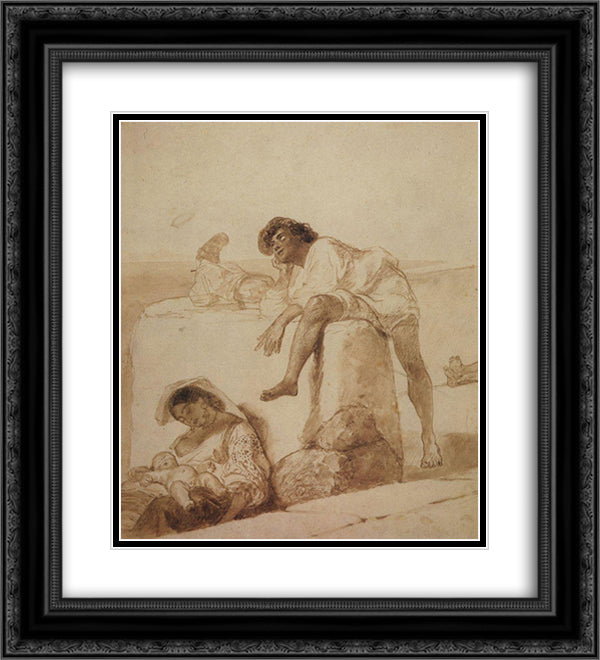 At noon 20x22 Black Ornate Wood Framed Art Print Poster with Double Matting by Bryullov, Karl