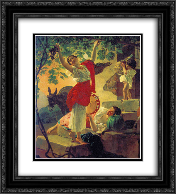 Girl Gathering Grapes in a Suburb of Naples 20x22 Black Ornate Wood Framed Art Print Poster with Double Matting by Bryullov, Karl