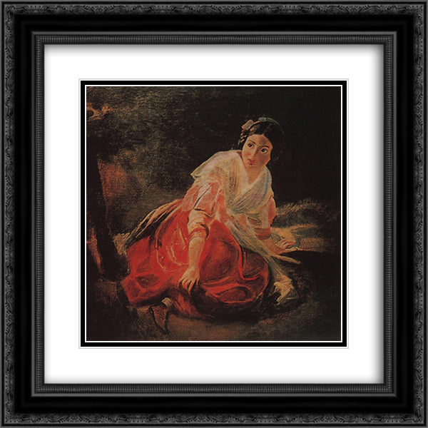 Girl in a Forest 20x20 Black Ornate Wood Framed Art Print Poster with Double Matting by Bryullov, Karl