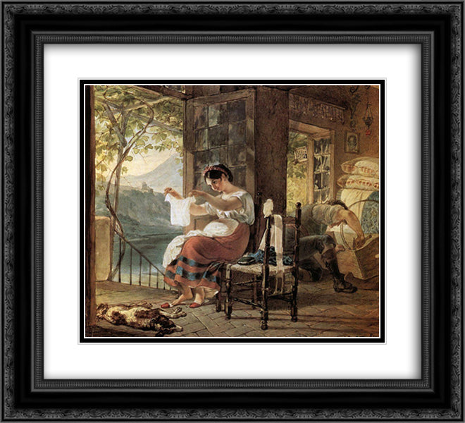 Italian, Expecting a Child, Looking at His Shirt, Her Husband Cobble Together a Cradle 22x20 Black Ornate Wood Framed Art Print Poster with Double Matting by Bryullov, Karl