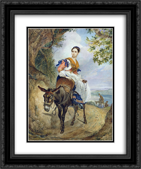 Portrait of O. P. Ferzen on a Donkeyback 20x24 Black Ornate Wood Framed Art Print Poster with Double Matting by Bryullov, Karl