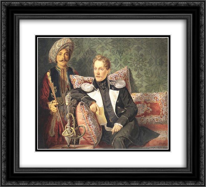 Portrait of the Military and His Servant 22x20 Black Ornate Wood Framed Art Print Poster with Double Matting by Bryullov, Karl