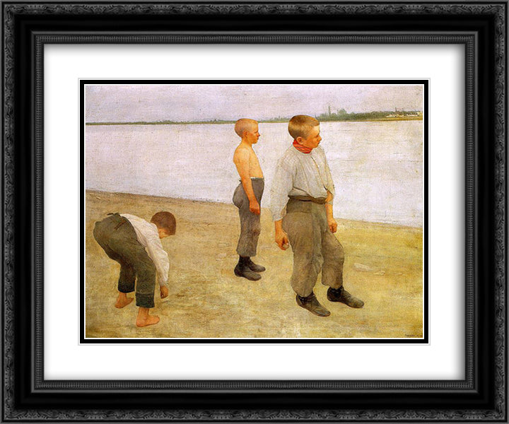 Boys Throwing Pebbles into the River 24x20 Black Ornate Wood Framed Art Print Poster with Double Matting by Ferenczy, Karoly