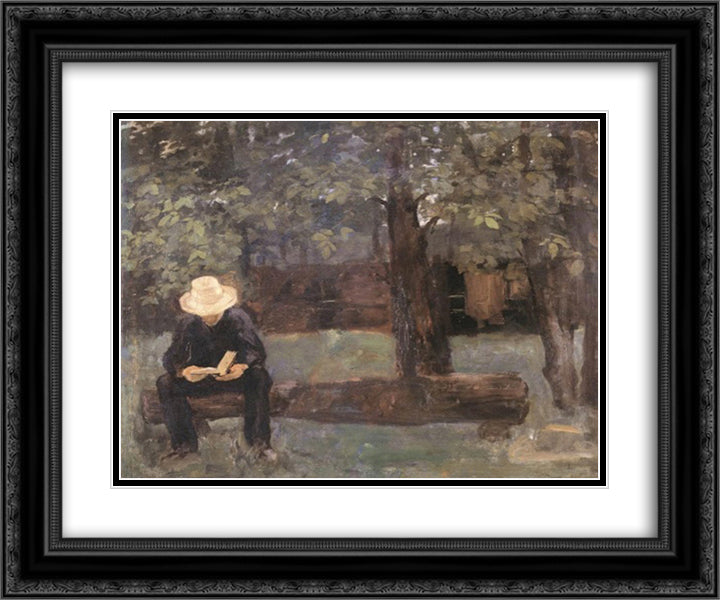 Man Sitting on a Log 24x20 Black Ornate Wood Framed Art Print Poster with Double Matting by Ferenczy, Karoly