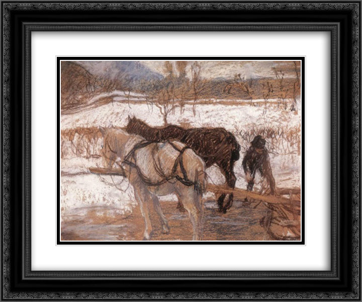 Winter 24x20 Black Ornate Wood Framed Art Print Poster with Double Matting by Ferenczy, Karoly