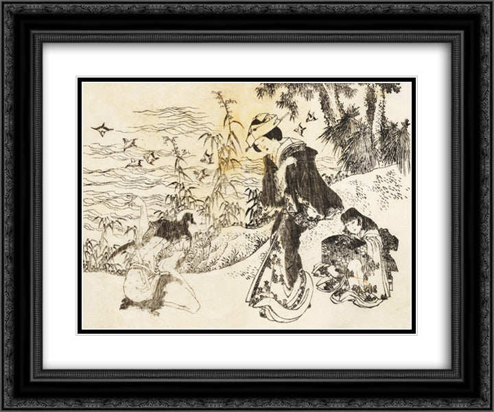 A bride is on her way with her maid 24x20 Black Ornate Wood Framed Art Print Poster with Double Matting by Hokusai, Katsushika