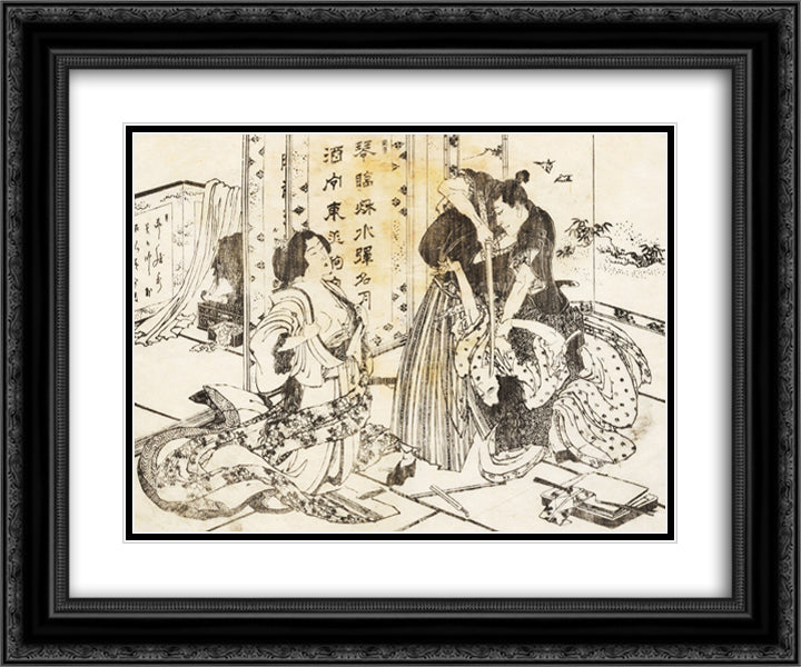 A mean man will kill a woman with his sword 24x20 Black Ornate Wood Framed Art Print Poster with Double Matting by Hokusai, Katsushika