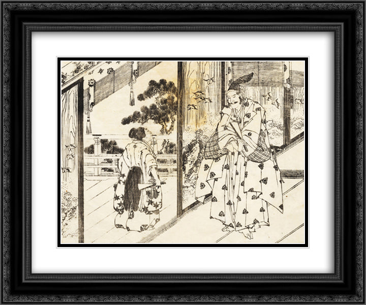 A well educated boy pays respect to an older man 24x20 Black Ornate Wood Framed Art Print Poster with Double Matting by Hokusai, Katsushika