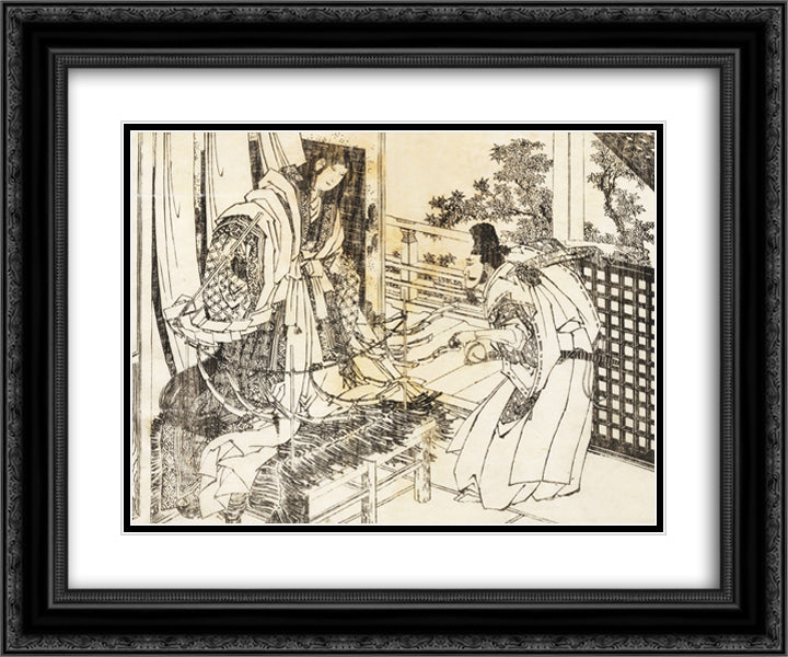A woman in shinto shrine has a stick with a lot of paper leaves 24x20 Black Ornate Wood Framed Art Print Poster with Double Matting by Hokusai, Katsushika