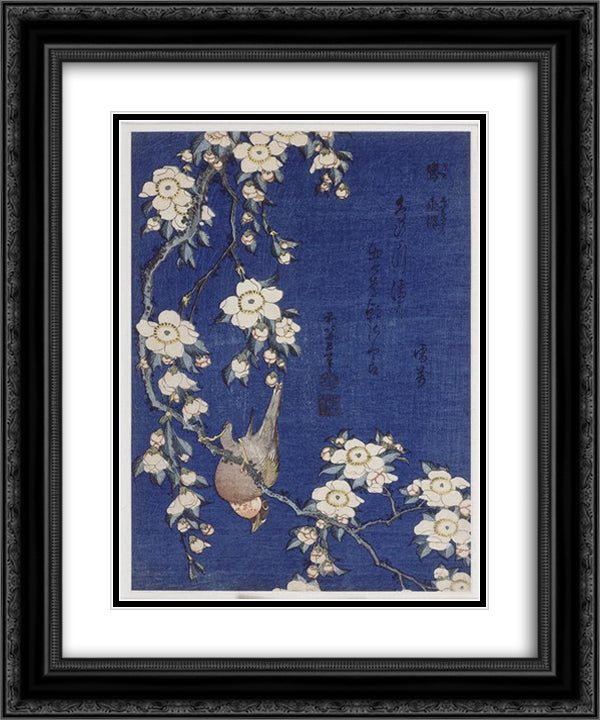 Bullfinch and weeping cherry blossoms 20x24 Black Ornate Wood Framed Art Print Poster with Double Matting by Hokusai, Katsushika