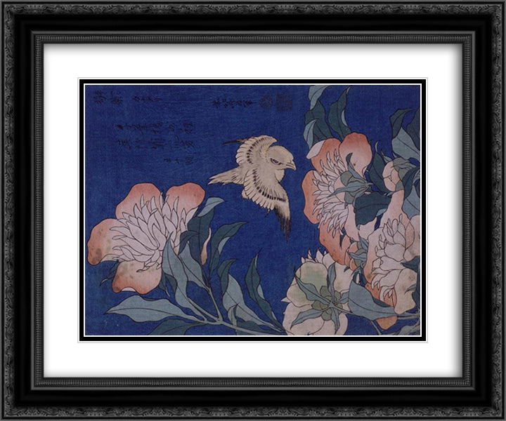 Canary and Peony 24x20 Black Ornate Wood Framed Art Print Poster with Double Matting by Hokusai, Katsushika
