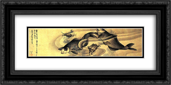 Carps 24x12 Black Ornate Wood Framed Art Print Poster with Double Matting by Hokusai, Katsushika
