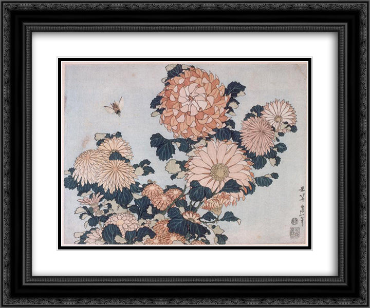 Chrysanthemums and Horsefly 24x20 Black Ornate Wood Framed Art Print Poster with Double Matting by Hokusai, Katsushika