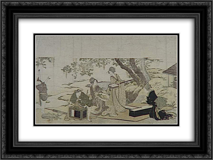 Concert under the Wisteria 24x18 Black Ornate Wood Framed Art Print Poster with Double Matting by Hokusai, Katsushika