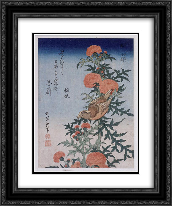 Crossbill and Thistle 20x24 Black Ornate Wood Framed Art Print Poster with Double Matting by Hokusai, Katsushika