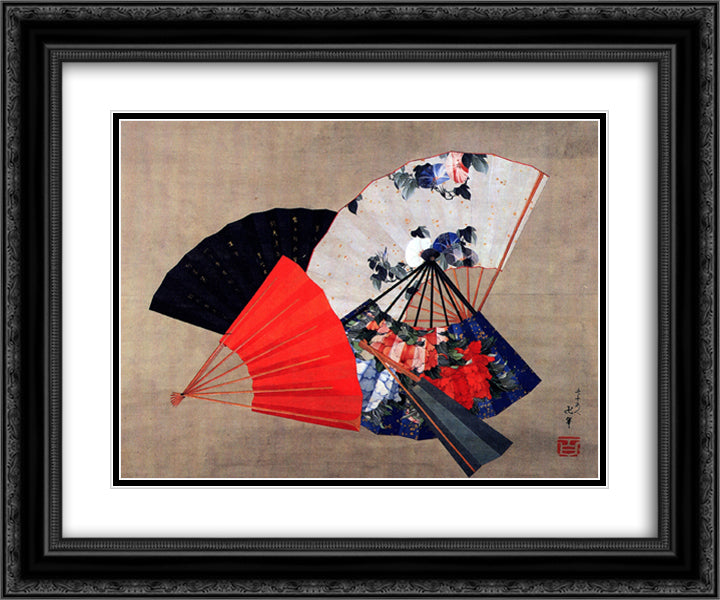 Five fans 24x20 Black Ornate Wood Framed Art Print Poster with Double Matting by Hokusai, Katsushika