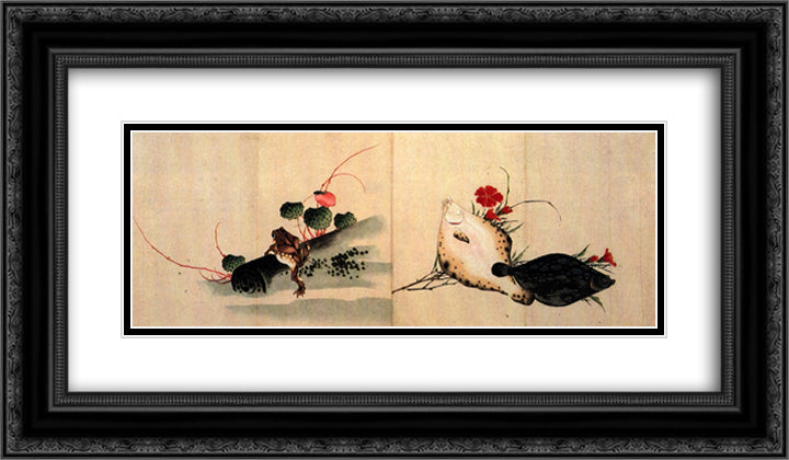 Flat fish and pink 24x14 Black Ornate Wood Framed Art Print Poster with Double Matting by Hokusai, Katsushika