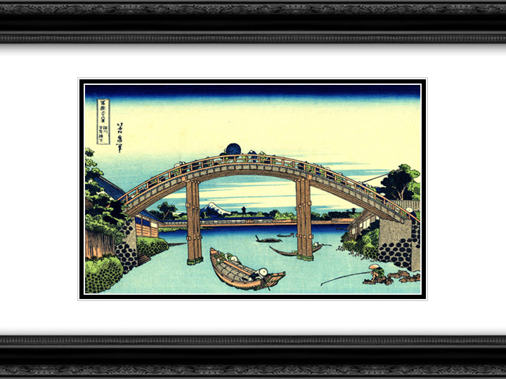 Fuji seen through the Mannen bridge at Fukagawa 24x18 Black Ornate Wood Framed Art Print Poster with Double Matting by Hokusai, Katsushika
