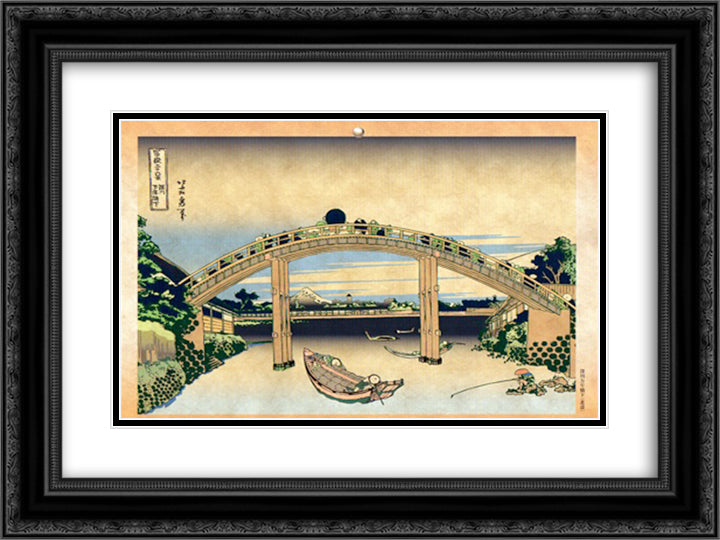 Fukagawa Mannen Bashi Shita 24x18 Black Ornate Wood Framed Art Print Poster with Double Matting by Hokusai, Katsushika